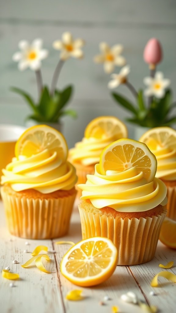 Delicious lemon zest cupcakes decorated with lemon slices and yellow frosting, perfect for Easter.