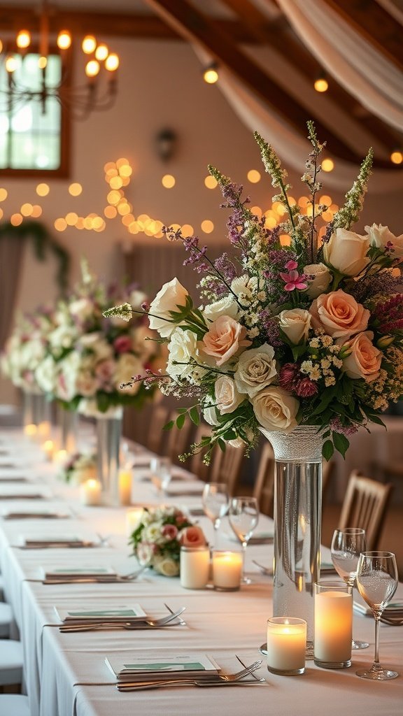 A beautifully decorated wedding venue with floral arrangements and warm lighting.