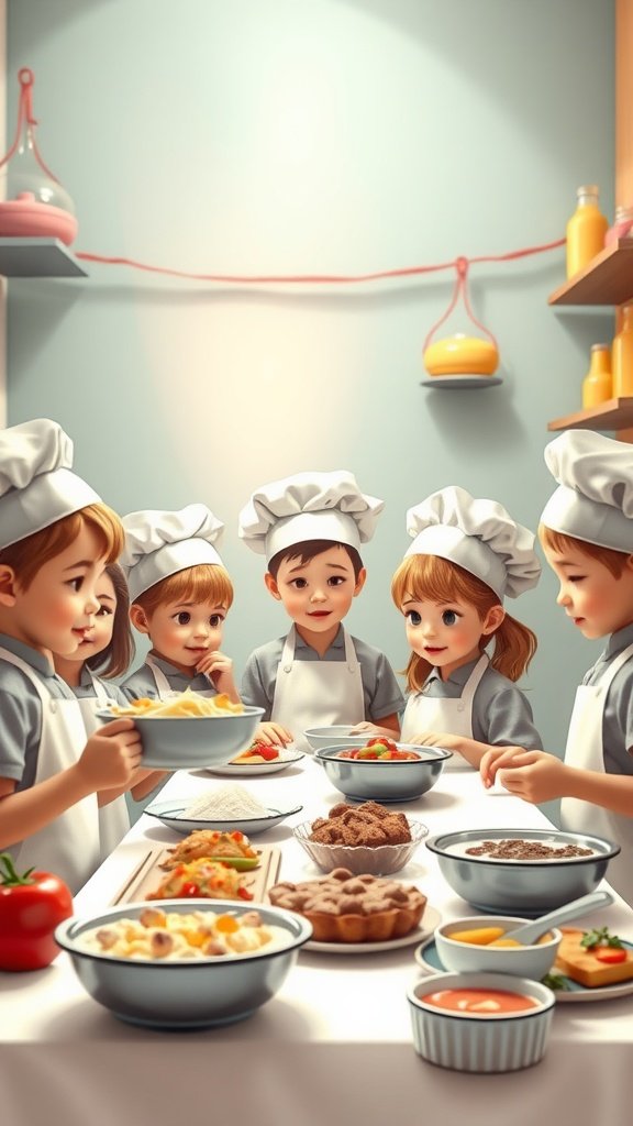 Children in chef hats gathered around a table filled with bowls of food, excited about cooking.