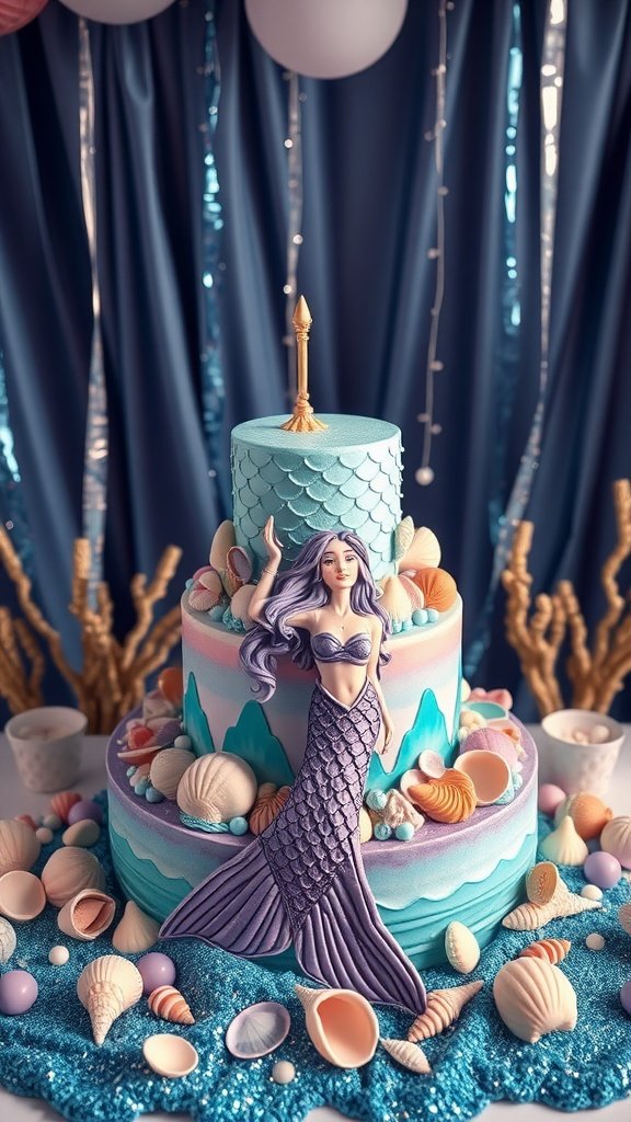 A mermaid-themed birthday cake with ocean colors and seashell decor