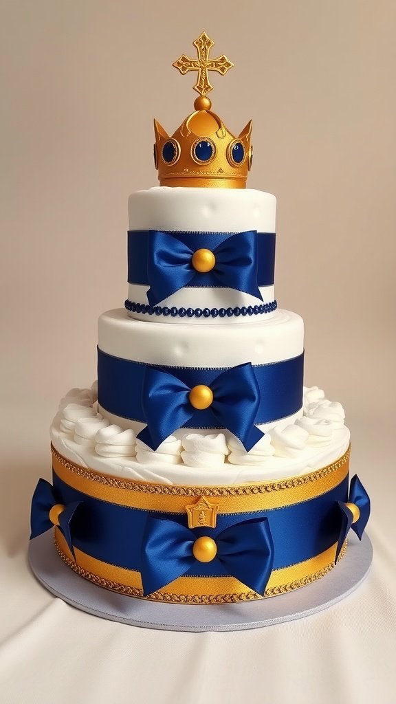 A decorative diaper cake for a baby boy featuring blue and gold accents and a crown on top.