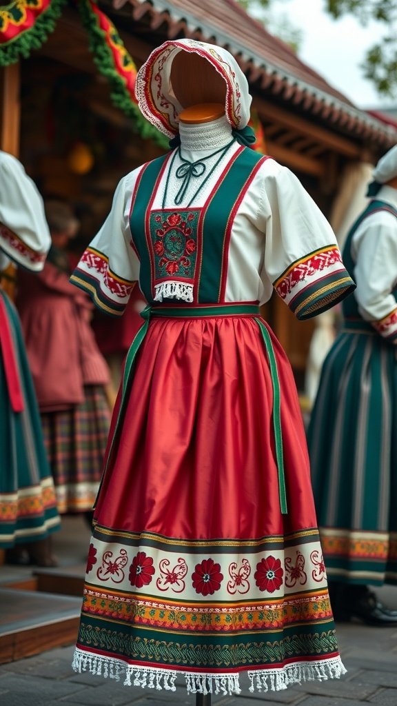 Vibrant Irish folk costume featuring a red skirt and decorative top with traditional patterns.
