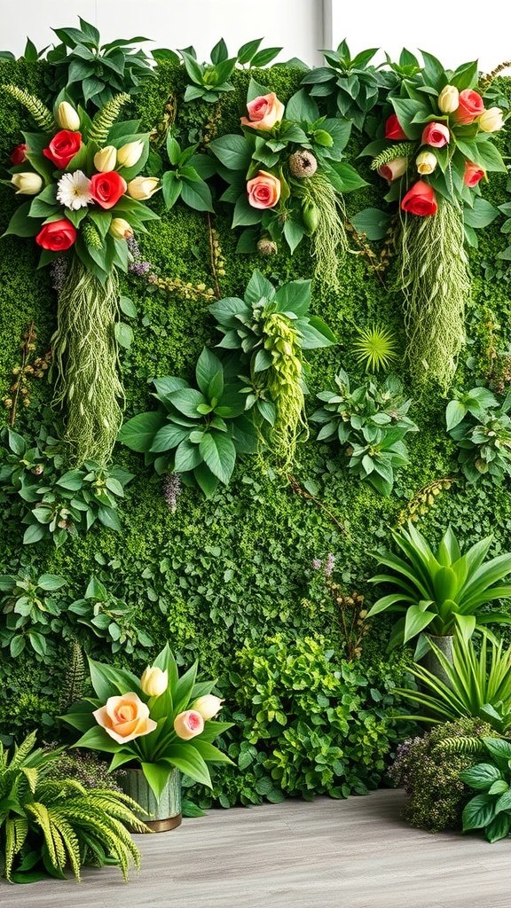 A decorated wall with lush greenery and colorful flowers, ideal for romantic wedding decor.