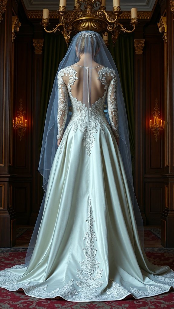 A romantic wedding dress with lace sleeves and an elegant back design, featuring luxurious velvet textures.