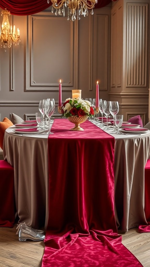 A beautifully decorated wedding table featuring a red velvet runner, golden centerpiece with flowers, pink candles, and elegant glassware.