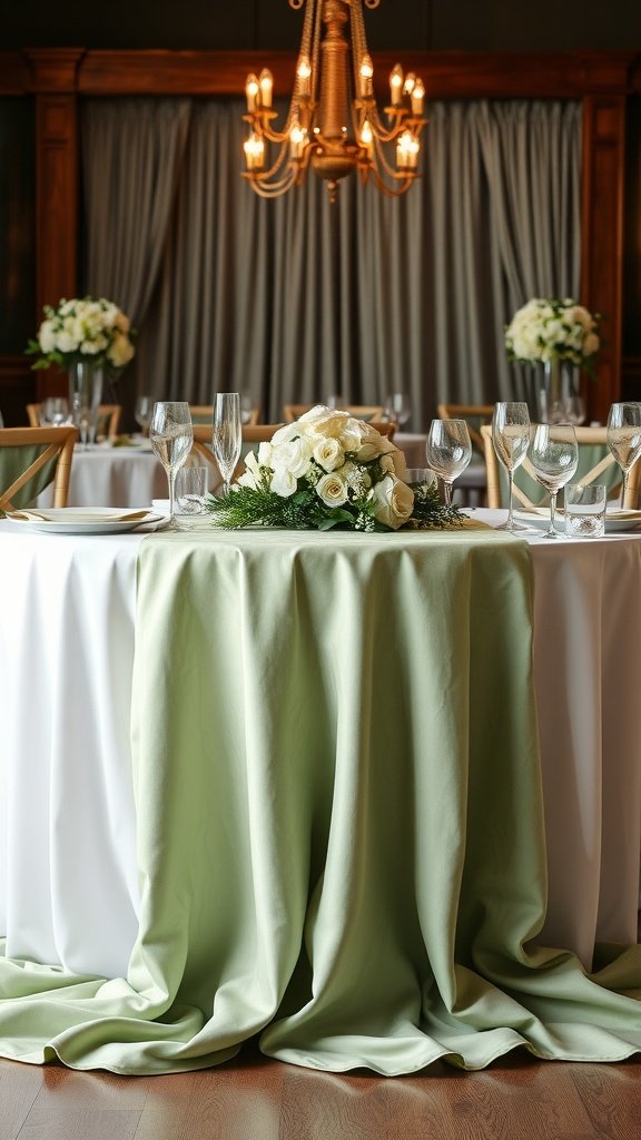 A beautifully set wedding table with a sage green table runner, white roses, and elegant glassware.