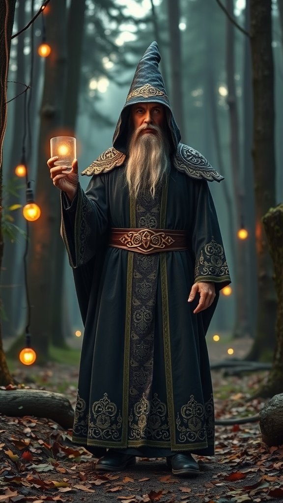 A mystical Celtic wizard holding a lantern in a forest setting, dressed in a long robe with intricate patterns.