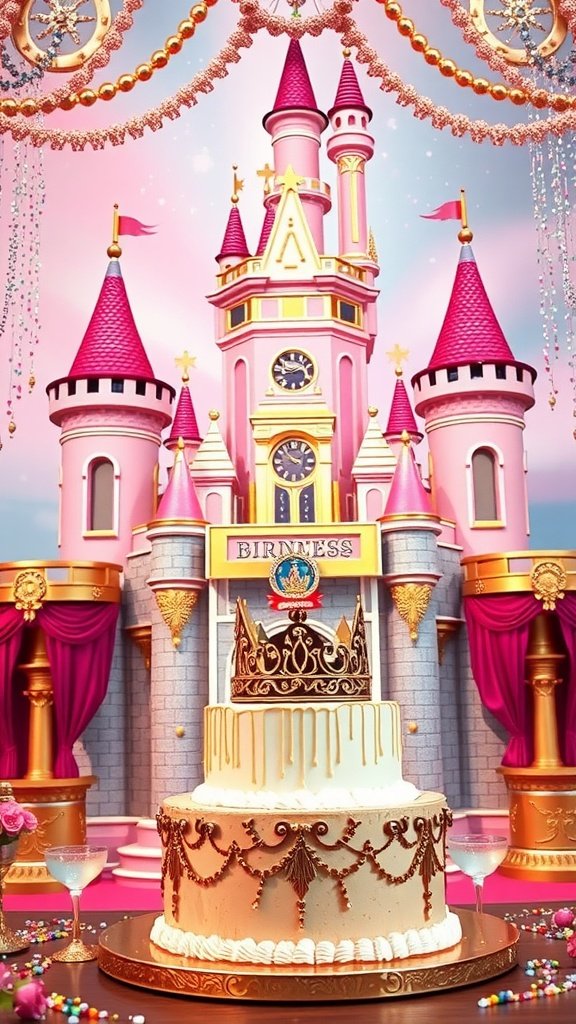 A magical pink princess castle backdrop with a beautifully decorated cake in front.