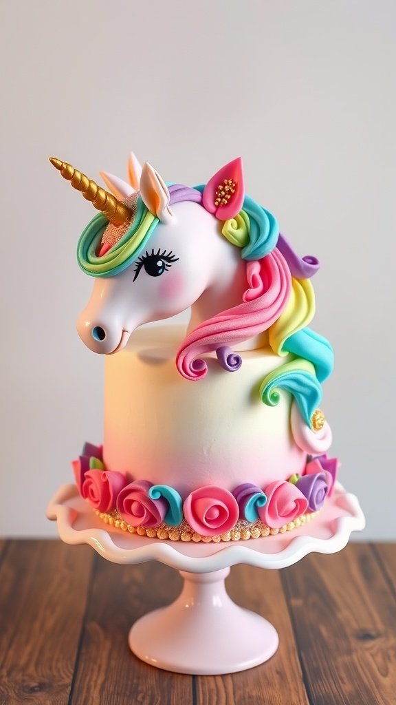 A beautifully designed unicorn cake with a colorful mane and gold horn, perfect for a 2nd birthday party.