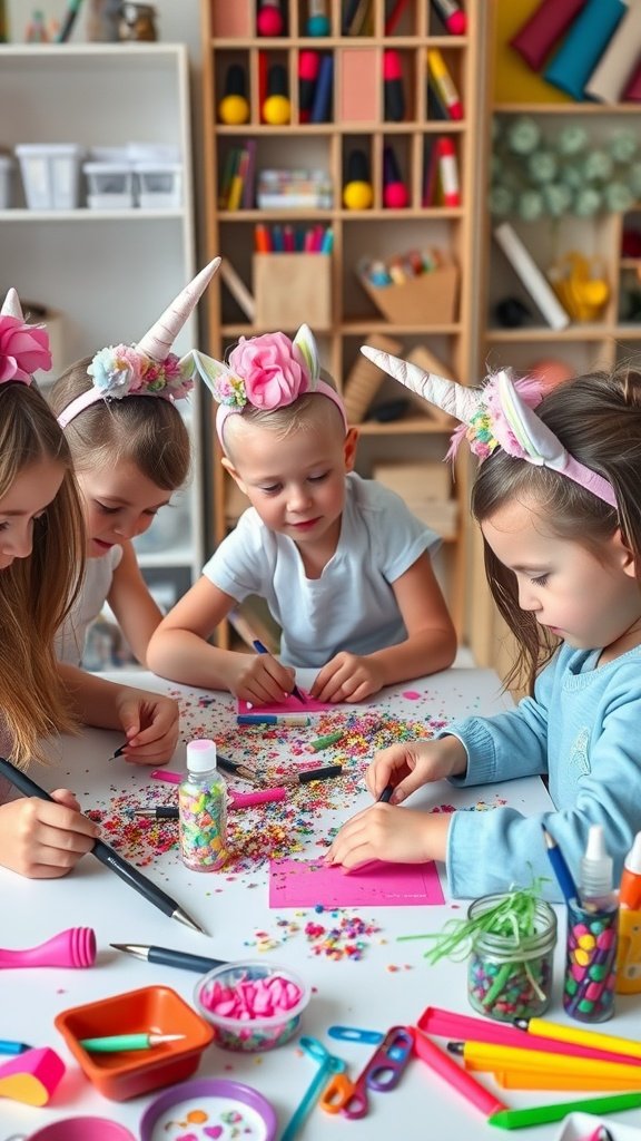 Children making crafts at a unicorn-themed birthday party