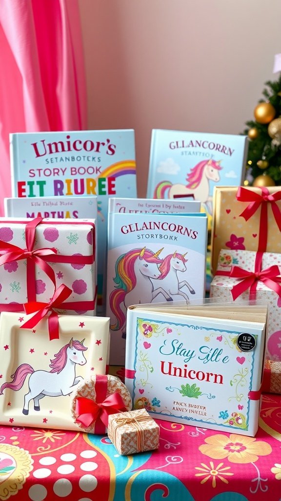 A colorful display of unicorn storybooks and gifts for a birthday party.
