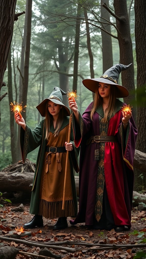 Two girls dressed as wizards, holding sparklers in a forest setting