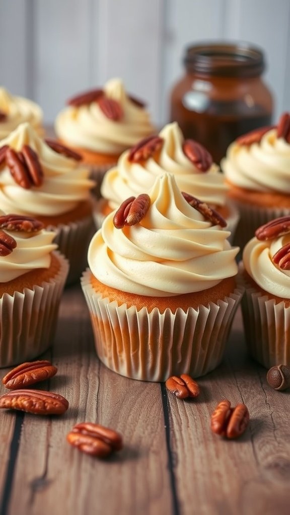 Delicious maple pecan cupcakes topped with cream frosting and garnished with pecans.