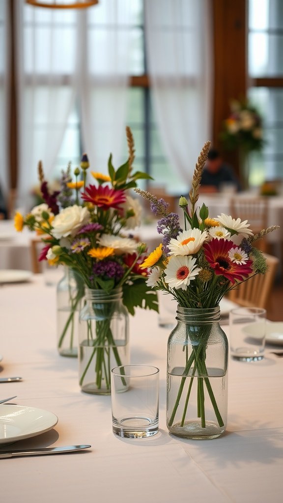 Mason jar centerpieces filled with colorful flowers on a table