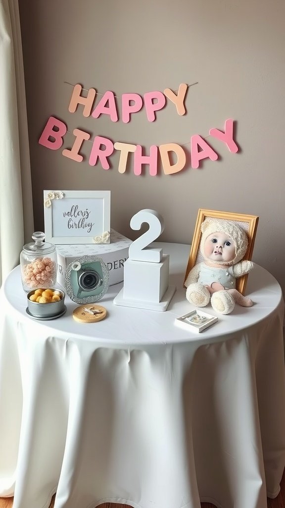 A memory table for a 2nd birthday party, featuring a 'HAPPY BIRTHDAY' banner, a photo frame, a doll, and treats.