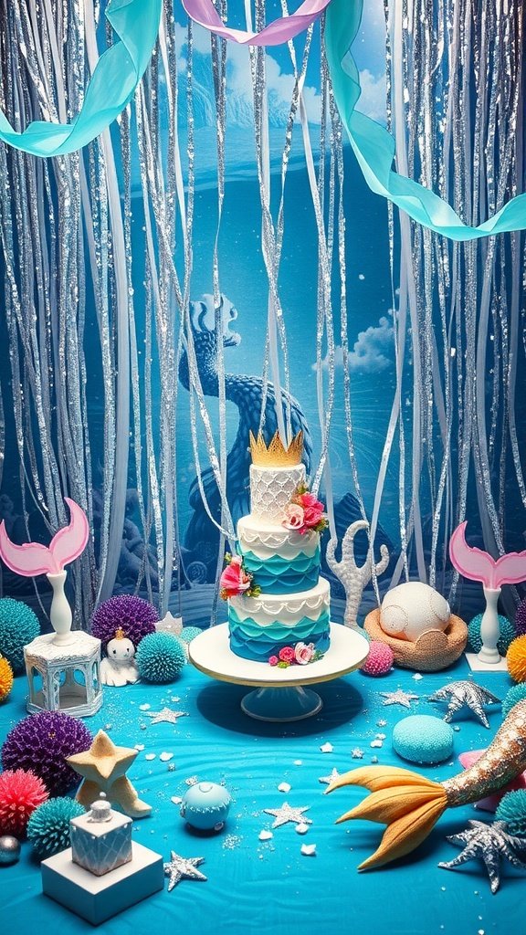 A beautifully decorated mermaid lagoon birthday setup with a multi-tiered cake, colorful decor, and ocean-themed elements.
