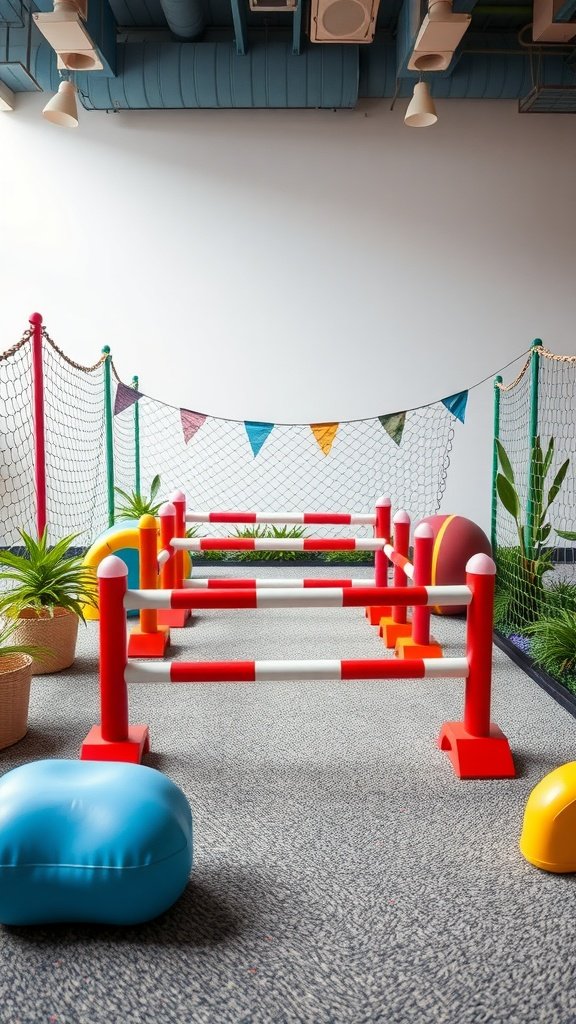 Miniature obstacle course with colorful hurdles and cushions for kids