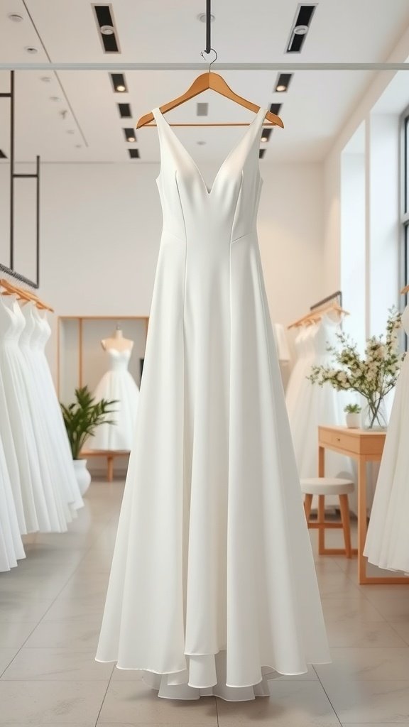 A minimalist wedding dress hanging on a rack in a bright bridal shop.