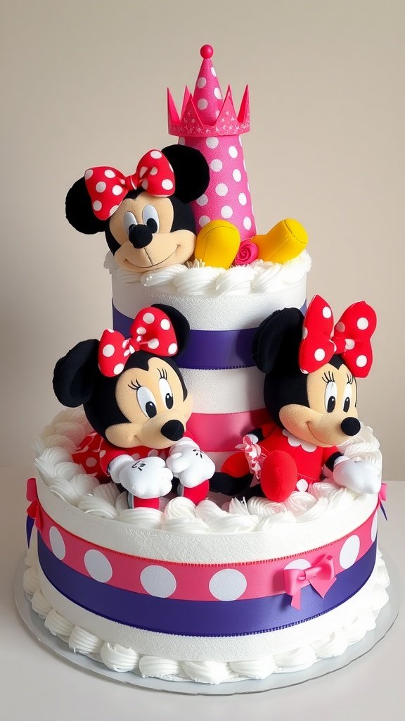 A diaper cake decorated with Mickey and Minnie Mouse plush toys, featuring colorful ribbons and tiers of diapers.
