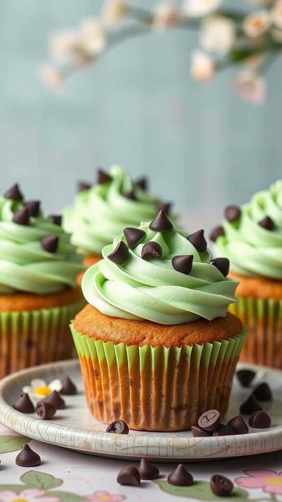 Mint chocolate chip cupcakes with green frosting and chocolate chips on top.