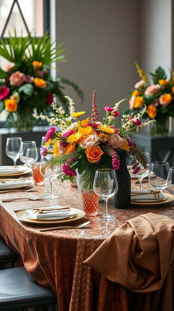 A beautifully set wedding table featuring mixed metals, rich textures, and vibrant floral arrangements.