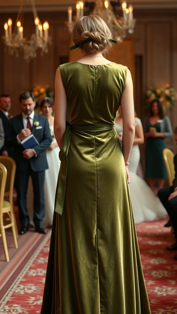 A woman wearing an olive green velvet dress at a wedding ceremony, with guests seated in the background.