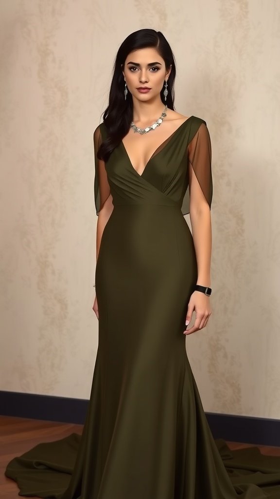 A woman in an elegant olive green dress with black accessories, showcasing a timeless wedding outfit.