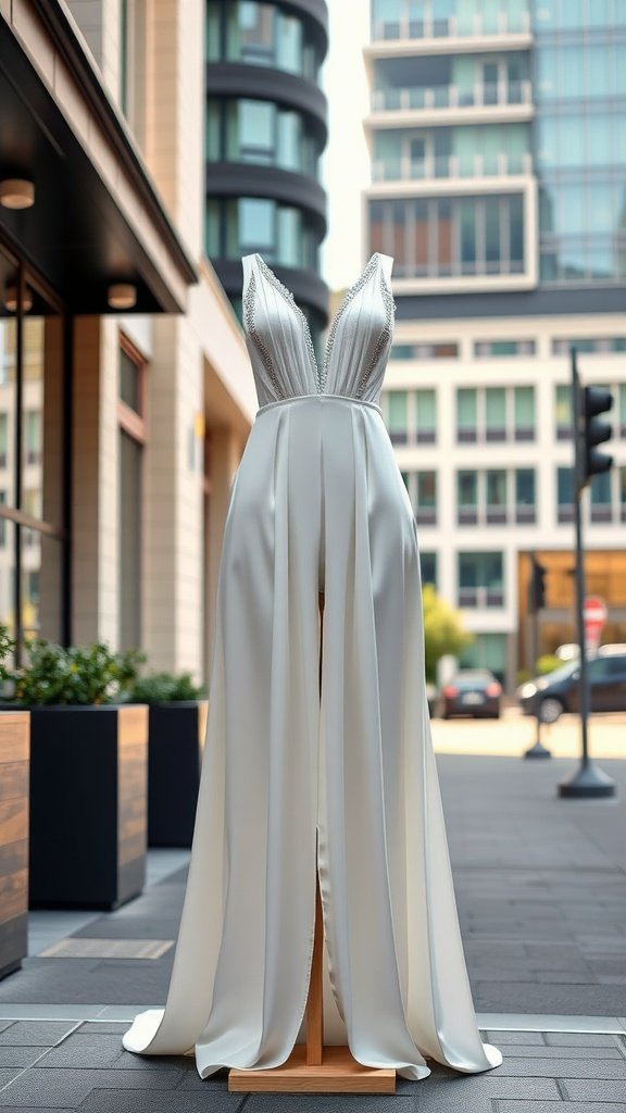 A stylish modern bridal jumpsuit displayed on a mannequin in an urban setting.