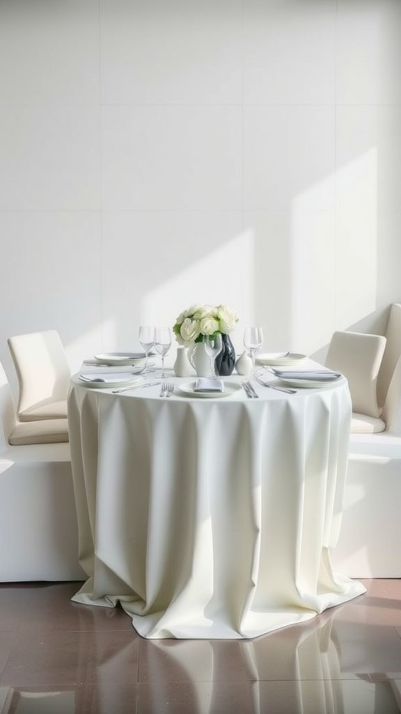 A modern minimalist wedding table setting with white tablecloth and delicate floral centerpiece.