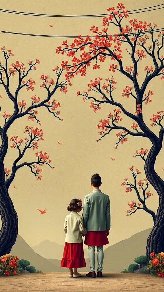 35 Stunning Wedding Wallpaper Ideas to Transform Your Venue A decorative wedding wallpaper featuring two figures standing under blossoming trees, symbolizing connection and cultural heritage.