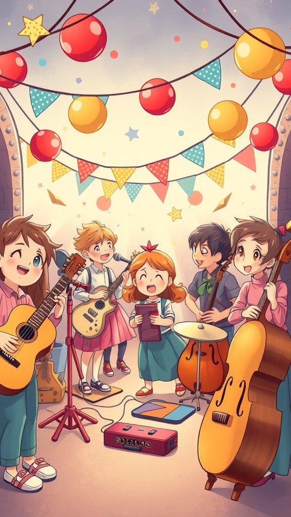 Children performing together with musical instruments at a birthday party