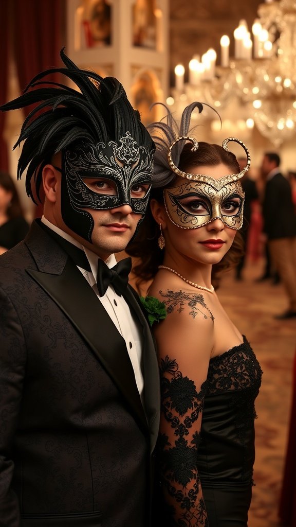 A couple in masquerade masks, dressed elegantly, posing at a formal event.