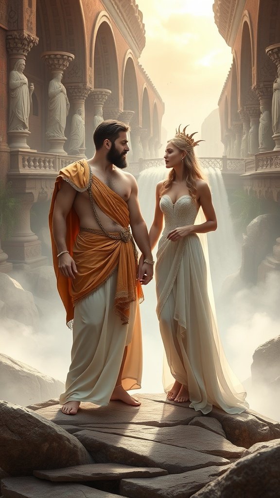A couple dressed as mythical gods, showcasing elegant costumes with flowing fabrics and accessories, set against a scenic backdrop.