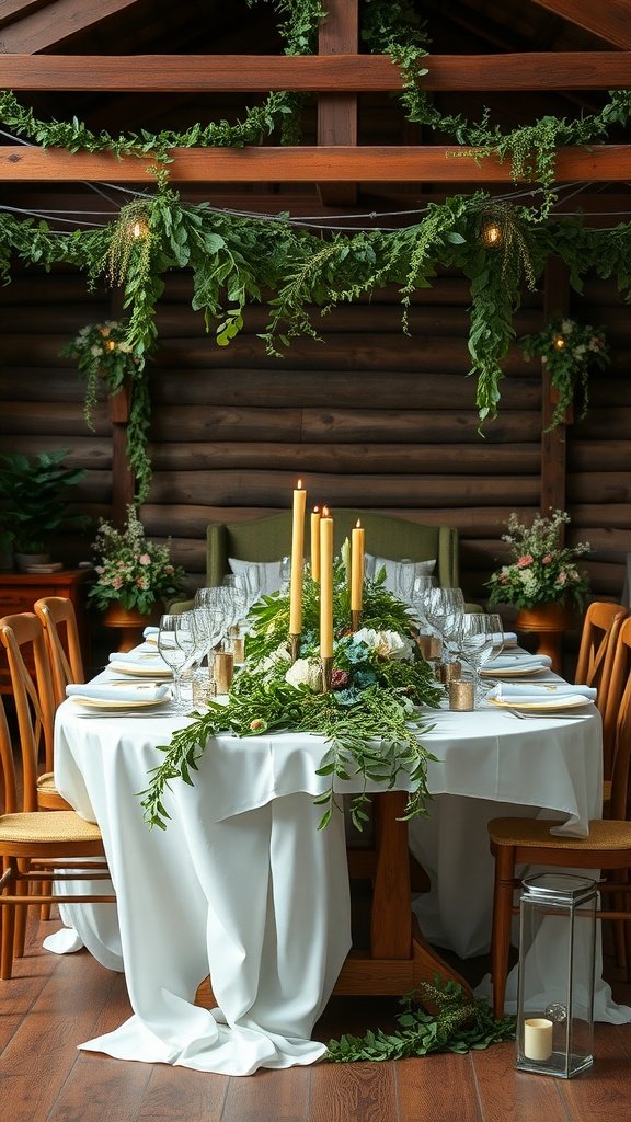 A beautifully set romantic wedding table featuring greenery, floral arrangements, and candles.
