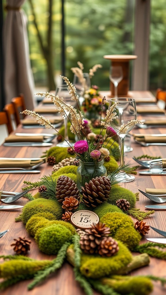 A beautifully arranged wedding table featuring moss, pinecones, and vibrant flowers as centerpieces.