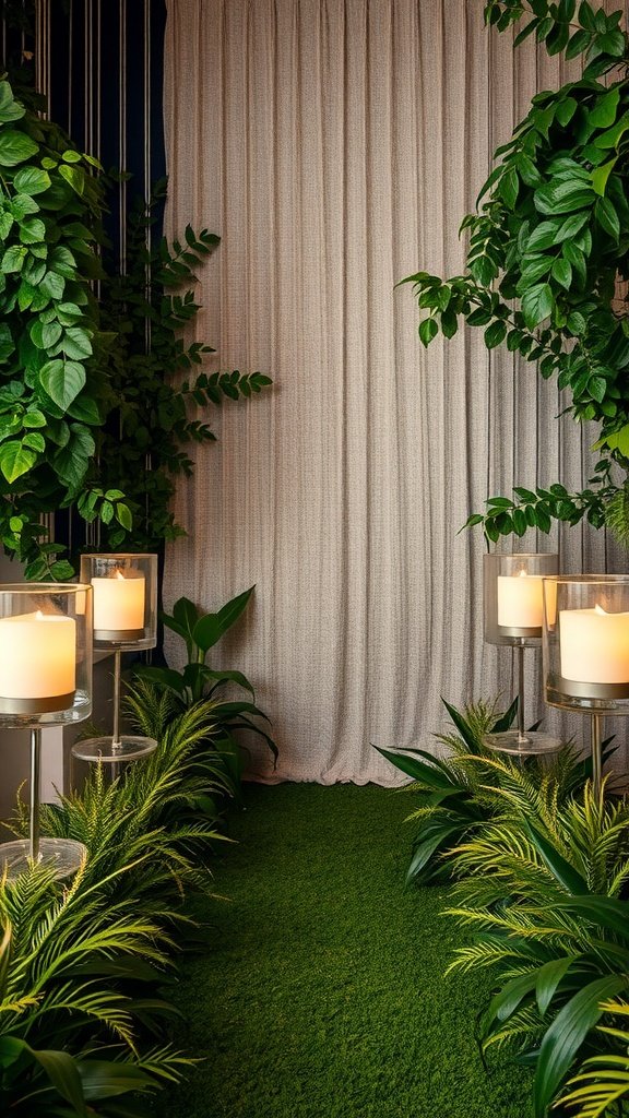 35 Stunning Wedding Wallpaper Ideas to Transform Your Venue An elegant wedding setup featuring a soft fabric backdrop, lush greenery, and glowing candles.