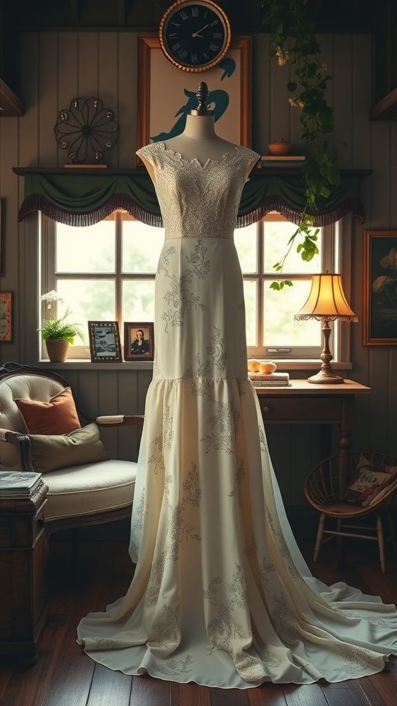 A romantic wedding dress displayed in a cozy room with vintage decor.