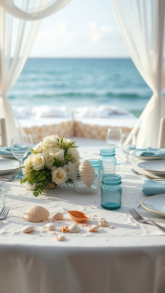 A romantic wedding table setting by the ocean with white roses, turquoise jars, and seashells.