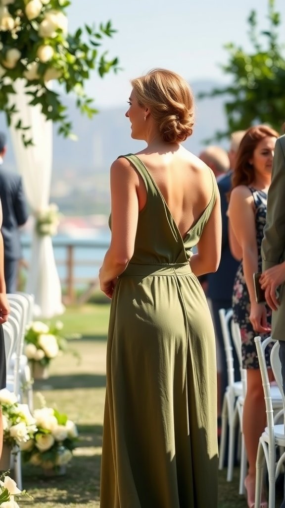 Woman wearing an olive green dress at a wedding