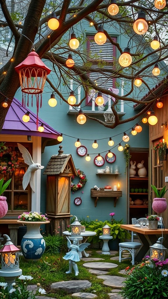 A charming outdoor garden with lights and fairy decorations, perfect for a birthday party.