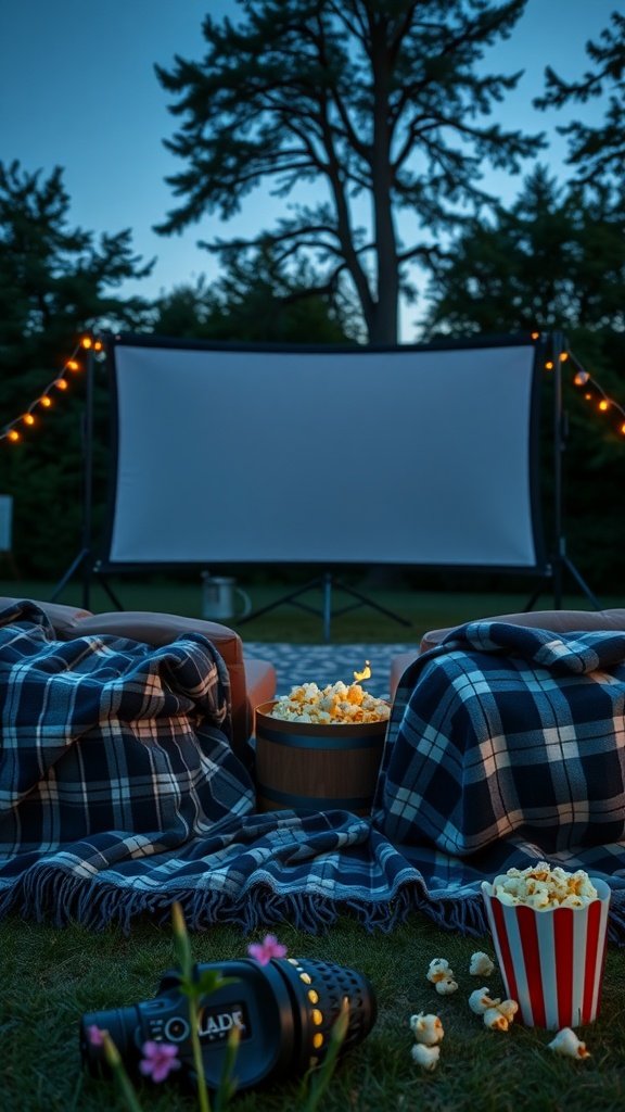 Outdoor movie screening setup with blankets, popcorn, and a projector screen