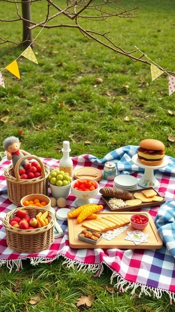 Outdoor picnic setup for a 2nd birthday party with food and decorations