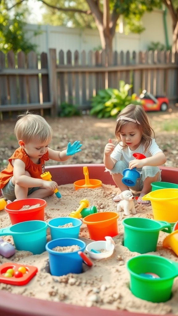 Two toddlers playing joyfully in a sandbox filled with colorful buckets and shovels.