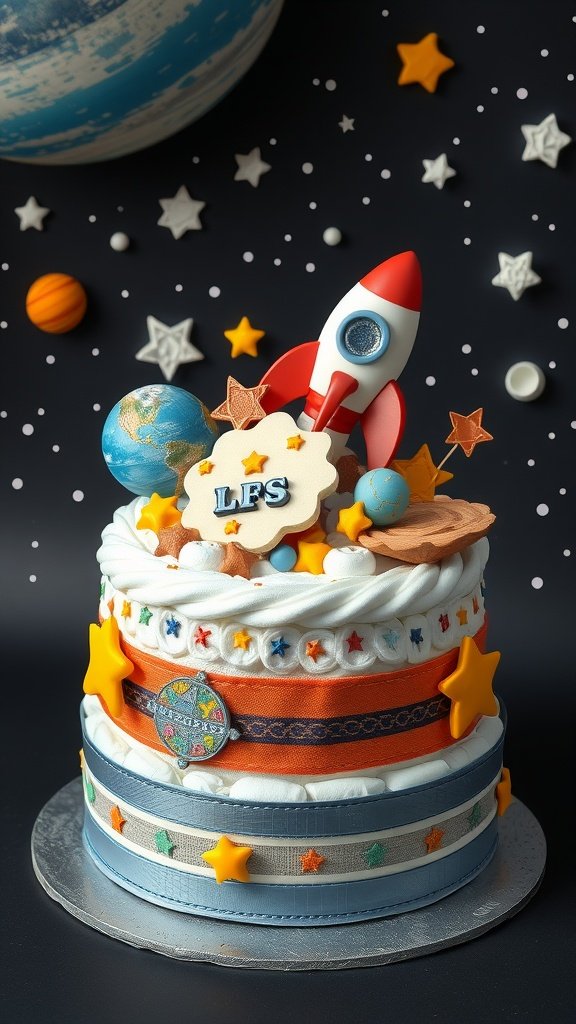 Outer Space themed diaper cake with rocket, globe, and star decorations