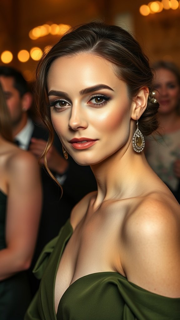 A woman with neutral makeup wearing an olive green dress, showcasing an elegant look suitable for a wedding.