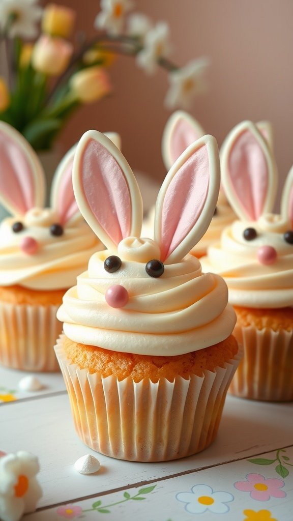 Pastel bunny cupcakes decorated with buttercream frosting and candy accents.