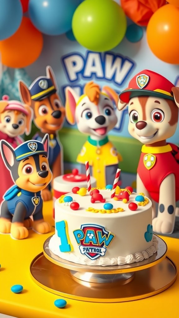 A colorful Paw Patrol birthday celebration with a cake and character toys.