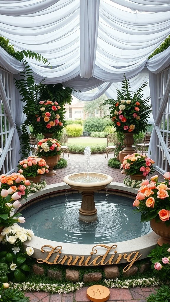 A wedding decor scene featuring a central fountain surrounded by flowers and greenery, creating a romantic atmosphere.