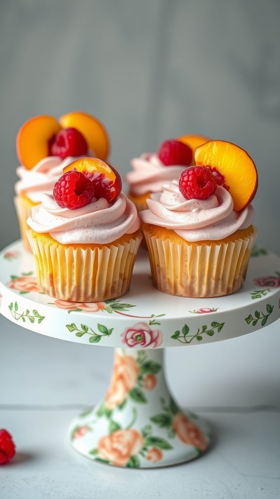Peach Melba Cupcakes decorated with raspberries and peach slices