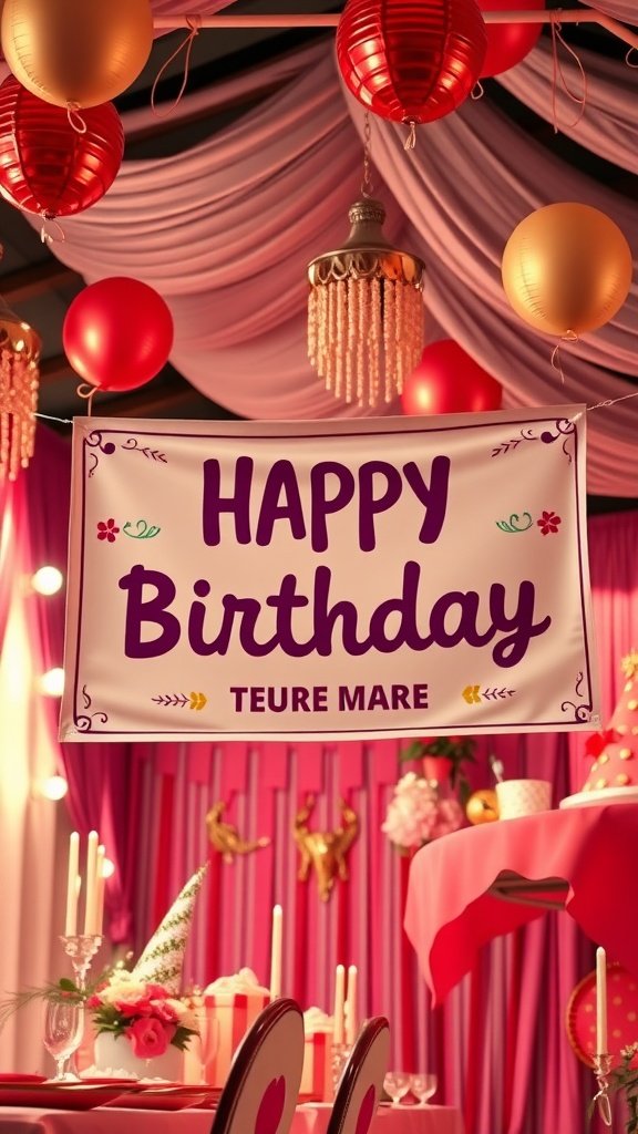 A colorful birthday banner saying 'Happy Birthday' with decorations in a festive setting.